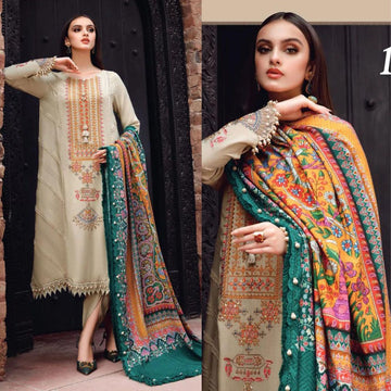 3- Piece Embroidered Dhanak Dress with Shawl