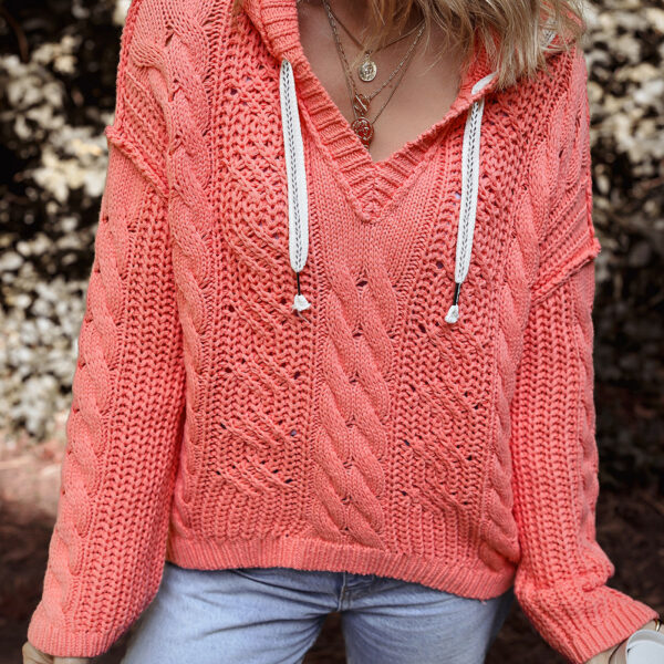 Stay warm and stylish with the cozy Sariah Cable Knit Drawstring Hooded Sweater. This solid top is perfect for mixing and matching