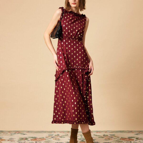 Details:- Backless- Polka dot- Sleeveless- Side slit- Frilled trim- Mid-length dressFabric:It is made of Polyester. Polyester is an artificial fiber that feels soft