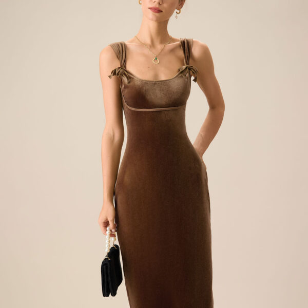 Fabric:This Velvet Midi Dress is made of Polyester and Spandex. Polyester is an artificial fiber that feels soft