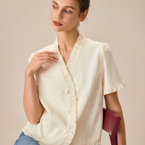 Fabric:This Ruffle Blouse is made of Viscose and Spandex. Viscose (aka rayon) is a man-made cellulosic fiber made from wood pulp. It's soft