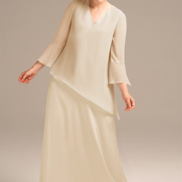 where floor-length finesse meets a flattering v-neck.