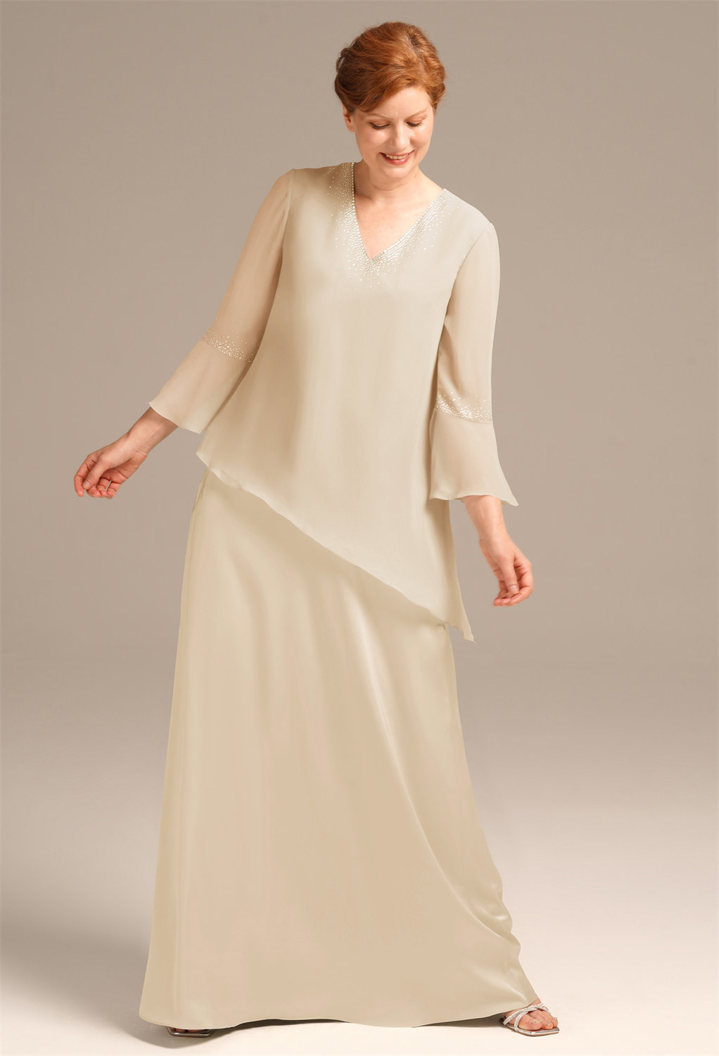 where floor-length finesse meets a flattering v-neck.
