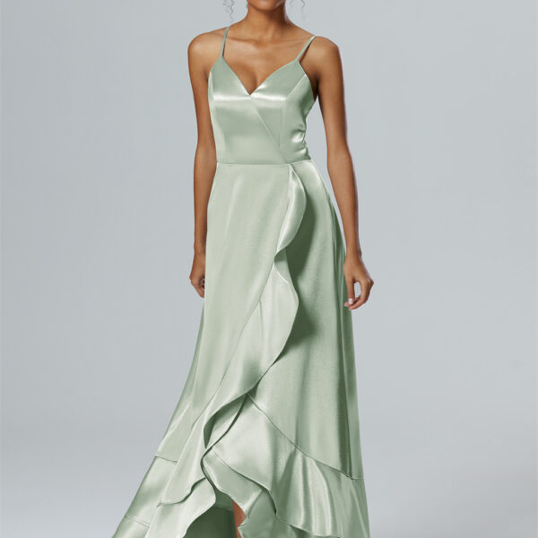 flowing layers. Just slip into the sublime in our satin A-line gown. And the hi-lo hemline perfectly frame your elegant heels from the first toast to last dance.