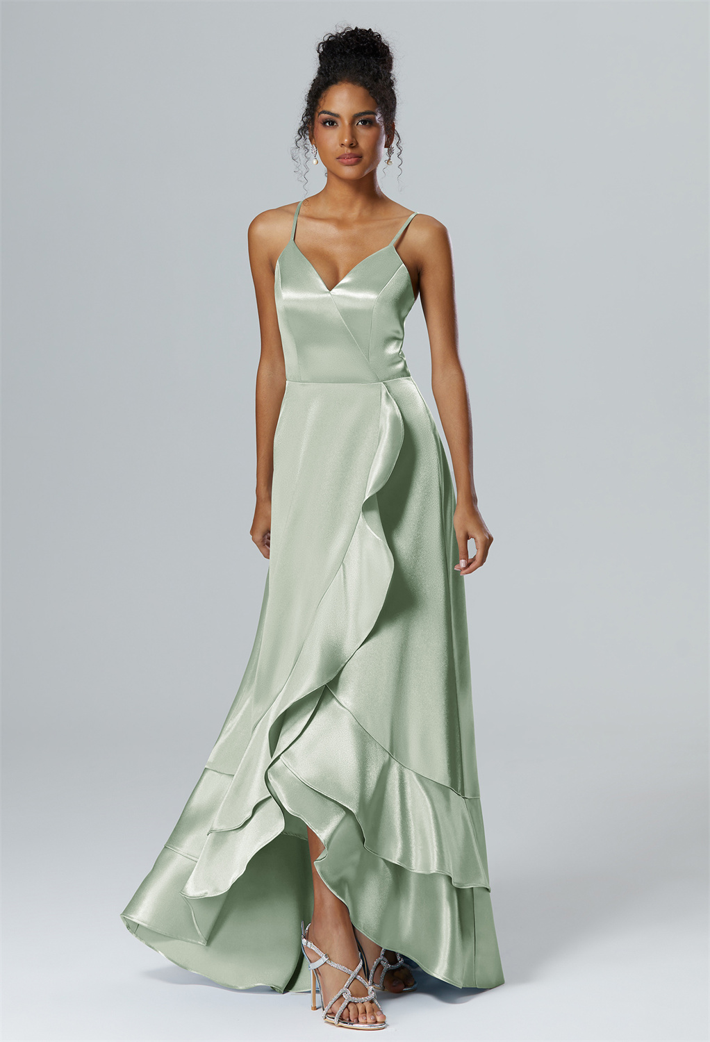 flowing layers. Just slip into the sublime in our satin A-line gown. And the hi-lo hemline perfectly frame your elegant heels from the first toast to last dance.