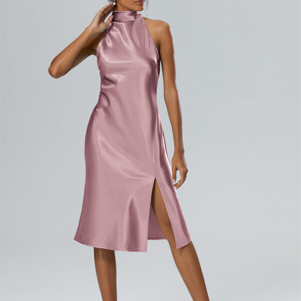 The Mujigea Dress features a delicate and flowing A-line silhouette that is both flattering and comfortable to wear.The halter  neckline and illusion back add a touch of allure and elegance to the overall design.