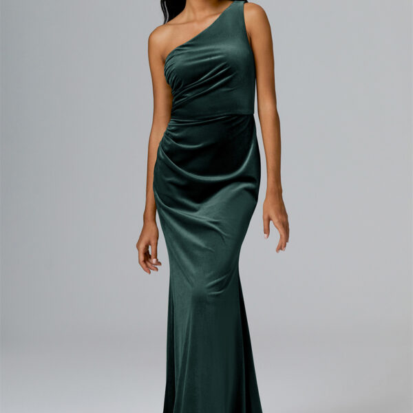 Velvet elegance redefinedu2014our mermaid silhouette gown with an asymmetrical neckline is a tribute to the art of bridesmaid chic.
