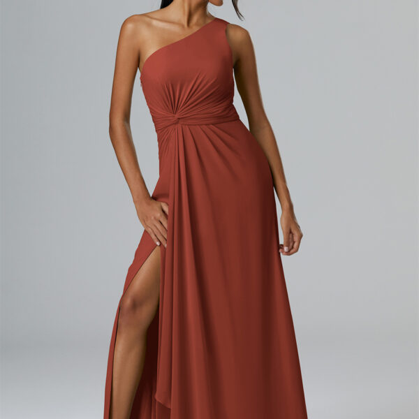 featuring an unique asymmetric neckline and a graceful A-line skirt for a touch of classic allure as a bridesmaid.