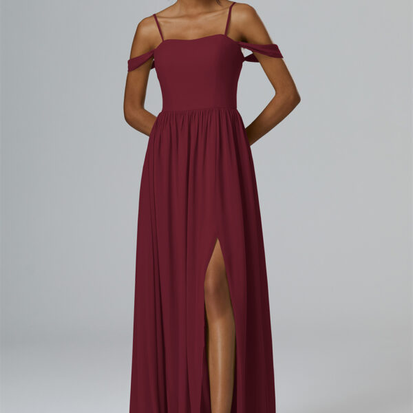 with an A-line cut that cascades to a full floor-length hem