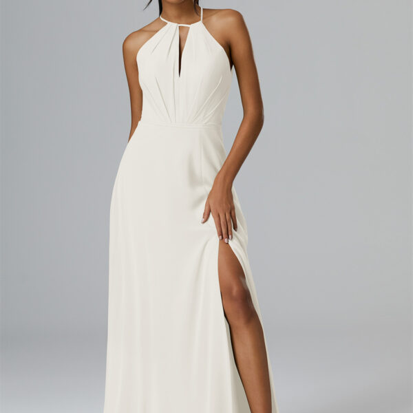 cut with an elegant jewel neckline and a graceful A-line silhouette.