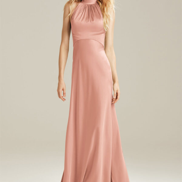 The Janina bridesmaid dress offers a flattering halter neckline that makes it simply perfect for a spring or summer wedding. Bared shoulders are a flirty choice that will make every bridesmaid shine. The satin charmeuse fabric is elegant and will assure y