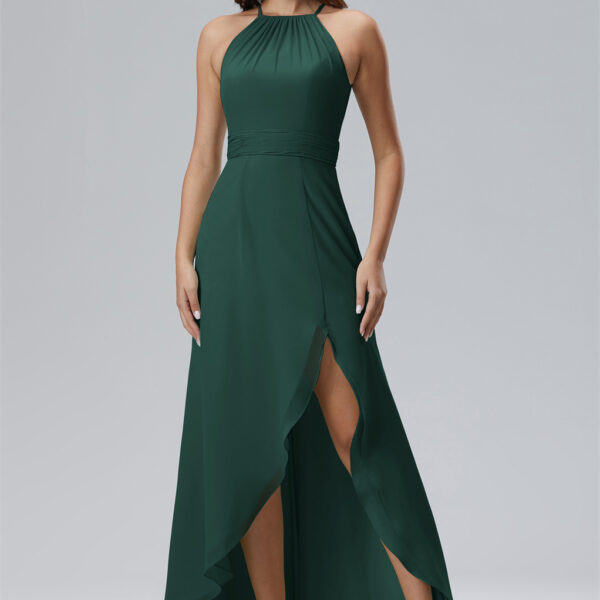 featuring an artful asymmetric hem that playfully reveals a fluid leg silhouette.Its hi-lo pleated skirt rippling with each step