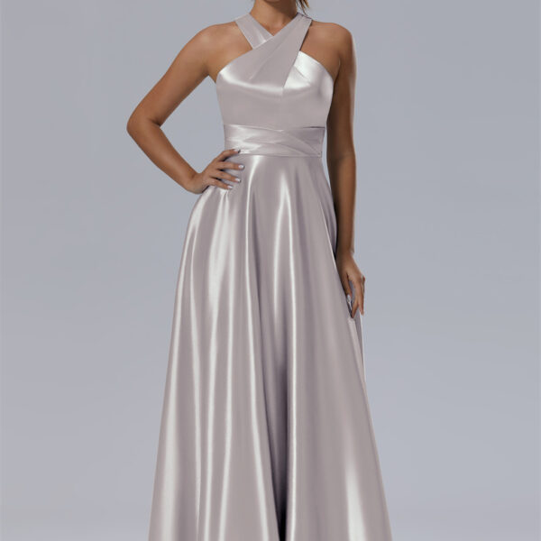 this A-line Kimberley dress sweeps to the floor in a cascade of crystal satin
