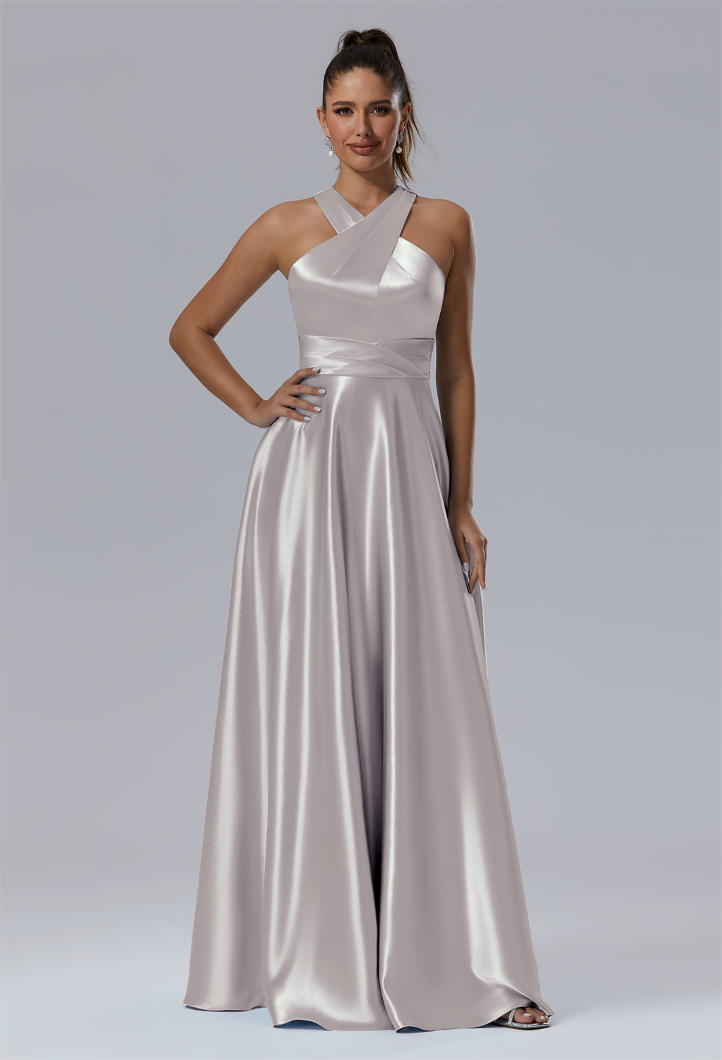 this A-line Kimberley dress sweeps to the floor in a cascade of crystal satin