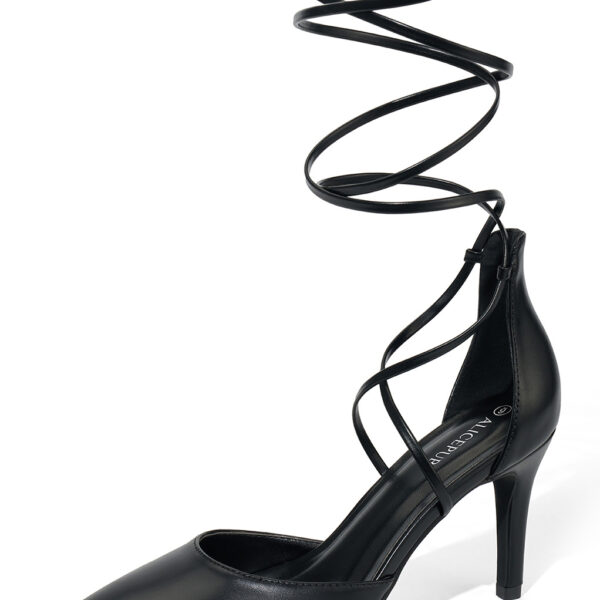 while the sleek pointed-toe design commands attention. Indulge in the comfort of a latex insole and let the extended straps dance around your ankles
