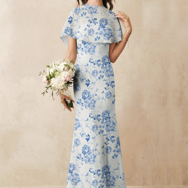 The mermaid fit of the chiffon Myra dress makes this a floor-length bridal gown to remember. The flattering fit pairs perfectly with the square neckline that gives you the demure look you want for your wedding day. Add a pair of classic heels dyed to matc