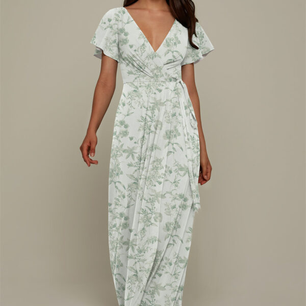 The flirty floor length Ellison dress is made from the perfect form hugging crepe fabric. The pleated A-line design of the dress offers grace and movement with each step or dance move. The plunging V-neck and short sleeves are flattering and charming and