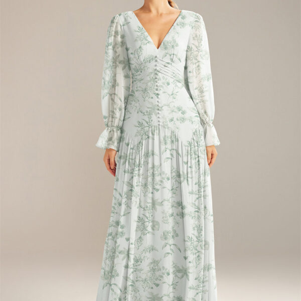 floor-length gown with transparent balloon sleeves for a graceful stride. Styled with an endearing v-neckline on both sides of the dress