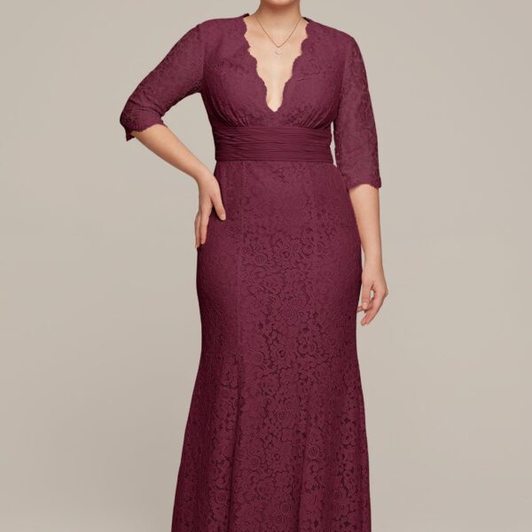 with lace embellishments that bring a romantic feel to this dress. The sleeves and plunging neckline add great character to the dress
