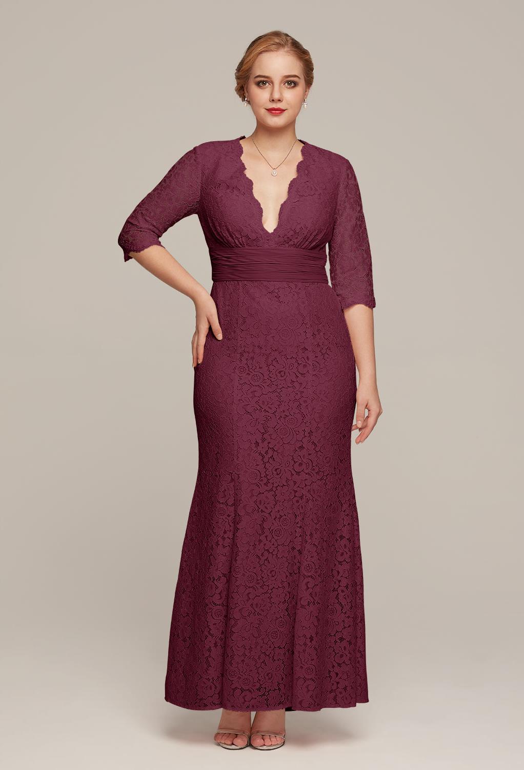 with lace embellishments that bring a romantic feel to this dress. The sleeves and plunging neckline add great character to the dress