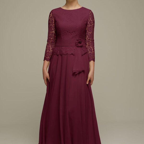 The ankle length Tallie dress boasts pretty lace sleeves and a lace bodice. The rosette sash that wraps around the waist of the dress is simply flattering. The chiffon and lace come together with soft pleats and a bateau neckline. This style combination w