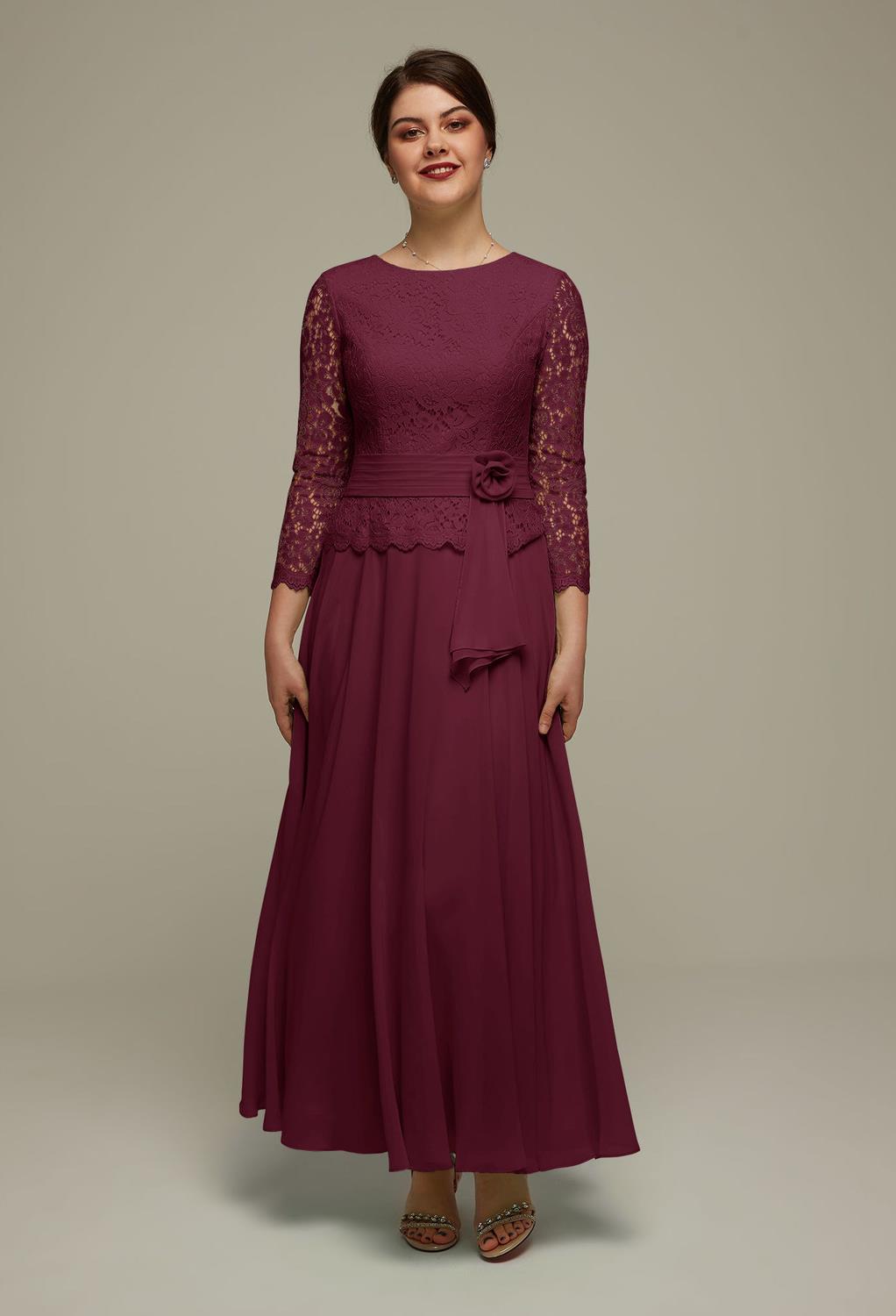 The ankle length Tallie dress boasts pretty lace sleeves and a lace bodice. The rosette sash that wraps around the waist of the dress is simply flattering. The chiffon and lace come together with soft pleats and a bateau neckline. This style combination w