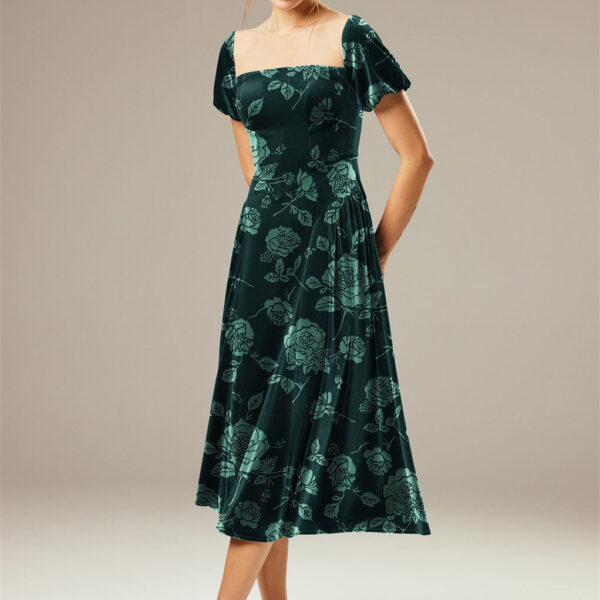 it is worth the pick for the most enchanting wedding celebration. The velvet A-line silhouette dress features a jewel neckline. The AW Tu