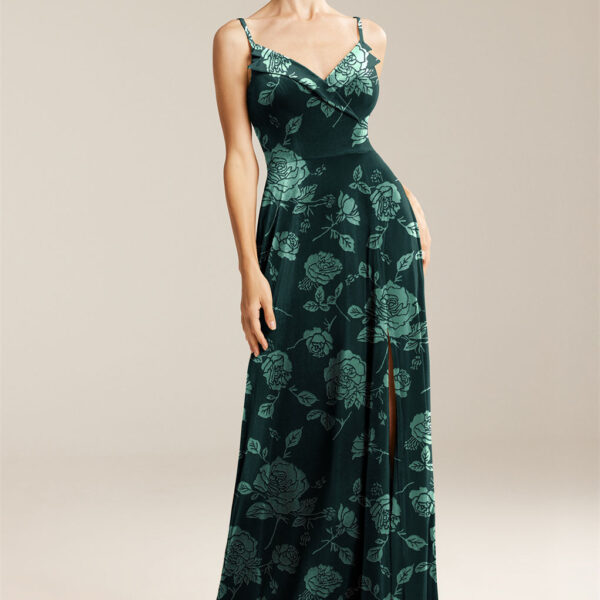 with a V-neckline and an A-line dress is well-constructed with gorgeous sleeveless spaghetti straps and is made of lu