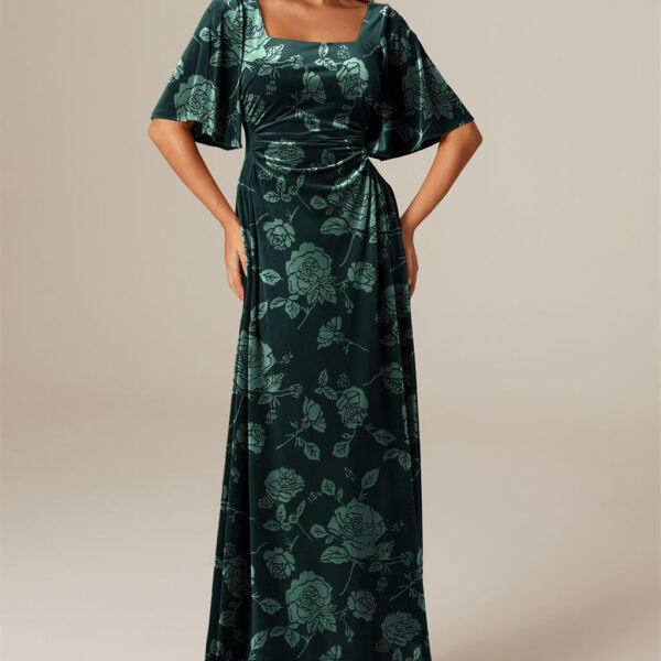 you can not miss this floor-length dress. The suqare neckline and A-line blend elegance with simplicity.  The velvet fabric drapes beautifully.