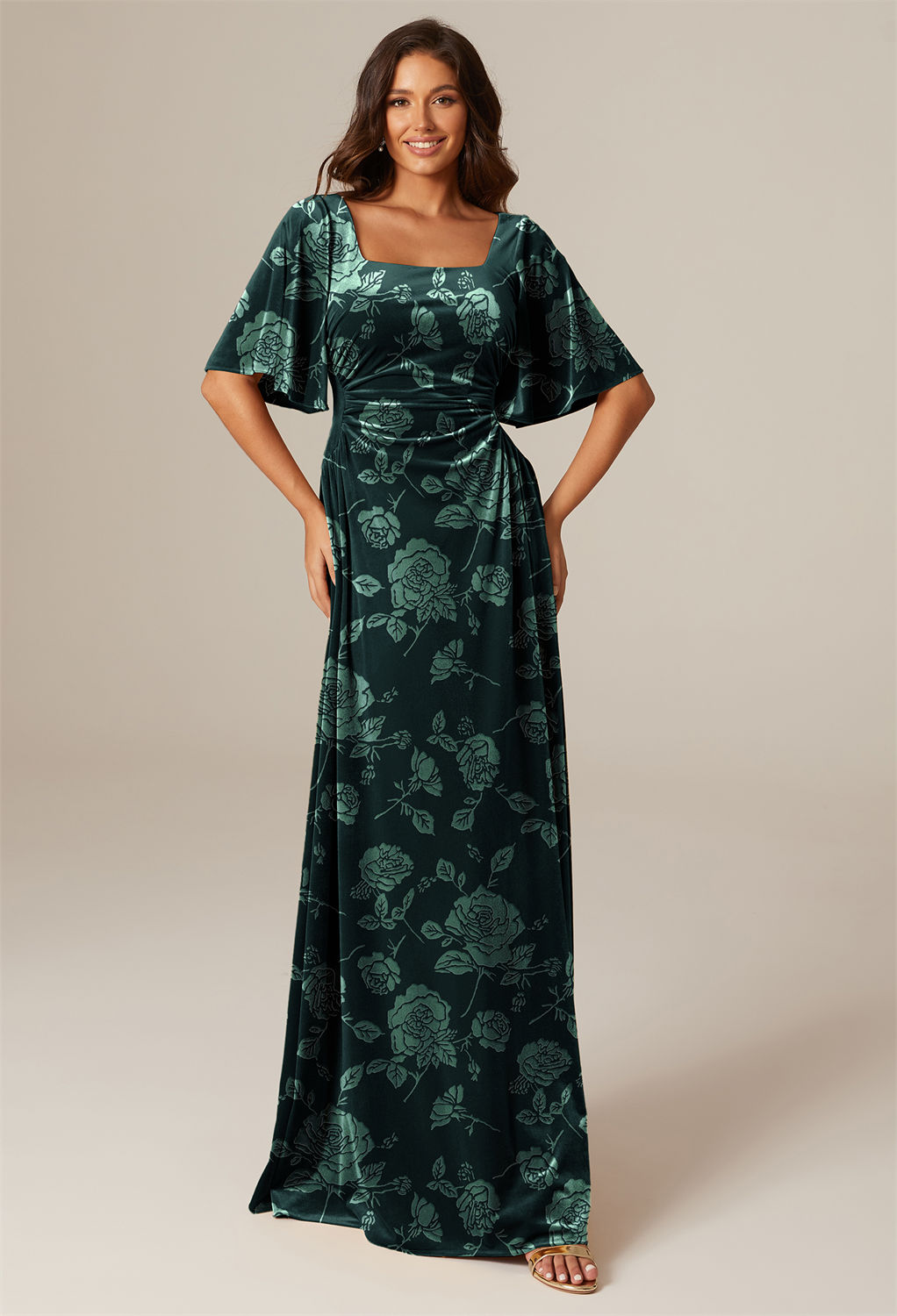 you can not miss this floor-length dress. The suqare neckline and A-line blend elegance with simplicity.  The velvet fabric drapes beautifully.