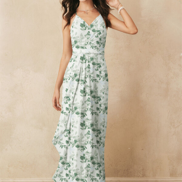 Elegance and romance are the hallmarks of the Lizzie gown. This floor-length wedding dress features some wonderful pleats that add the charm and movement you are looking for. The neckline is a soft V-neck and bib neckline hybrid that will let you show off