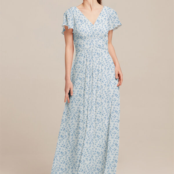 with a delicately pleated bodice that adds an elegant touch. The dress is offere