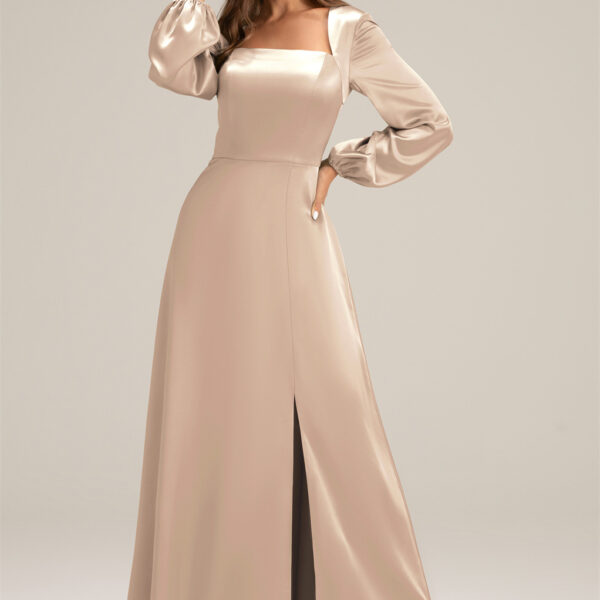 floor-length hemline and asymmetrical neckline make this a precious bridesmaid dress to remember. The satin charmeuse fabric adds a sense of romance.