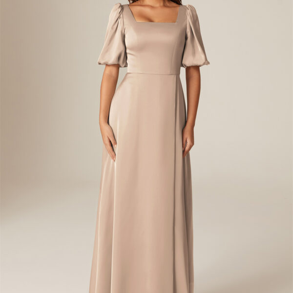 This is an exquisite floor-length bridesmaid dress with a  square neckline. The A-line silhouette flatters different body types and satin charmeuse fabric touches smoothly.