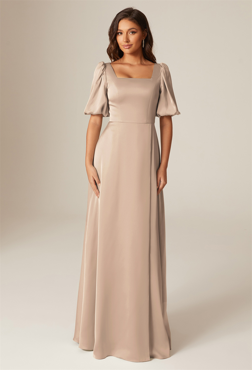 This is an exquisite floor-length bridesmaid dress with a  square neckline. The A-line silhouette flatters different body types and satin charmeuse fabric touches smoothly.