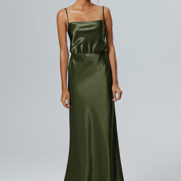 Let's celebrate in style. Our square neck A-line bridesmaid dress in shimmering crystal satin offers floor-length flair for your special day.