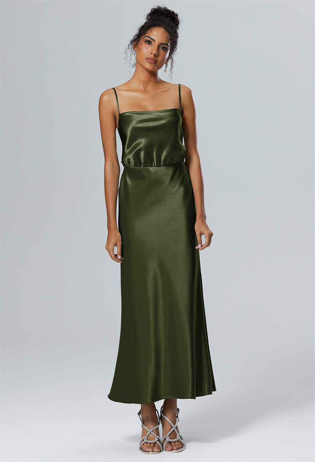 Let's celebrate in style. Our square neck A-line bridesmaid dress in shimmering crystal satin offers floor-length flair for your special day.