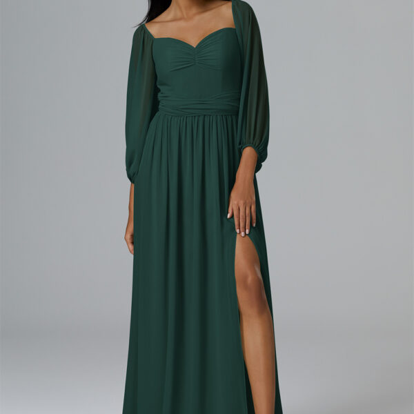 with a flattering sweetheart neckline and flowing floor-length elegance