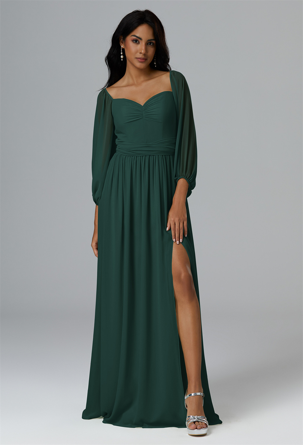 with a flattering sweetheart neckline and flowing floor-length elegance