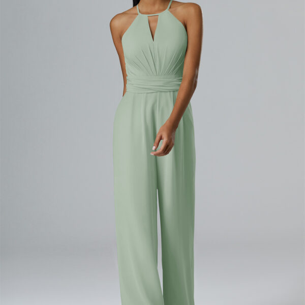 Keep it classy and cool in a sophisticated chiffon jumpsuit styled with a jewel neckline and classic floor-sweeping hemline.