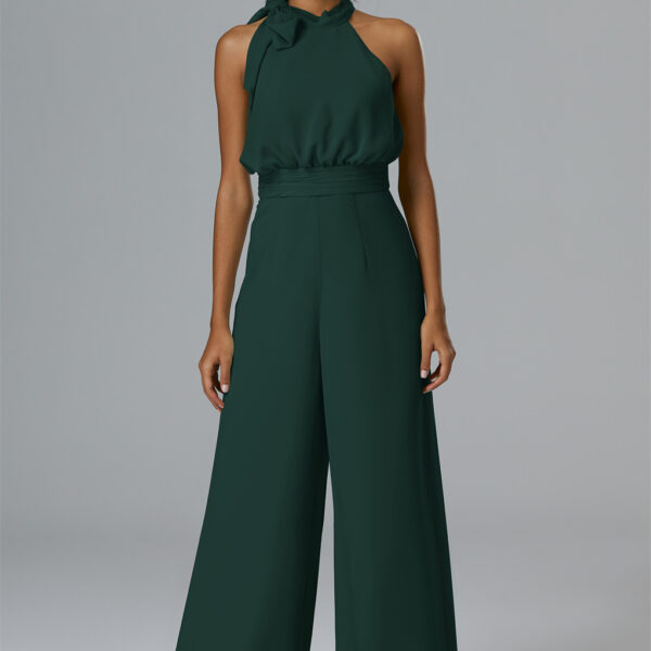 Drapey chiffon fabric adds flourish to the halter neckline of this floor-length jumpsuit designed with built in bras and a sleek straight-leg silhouette.