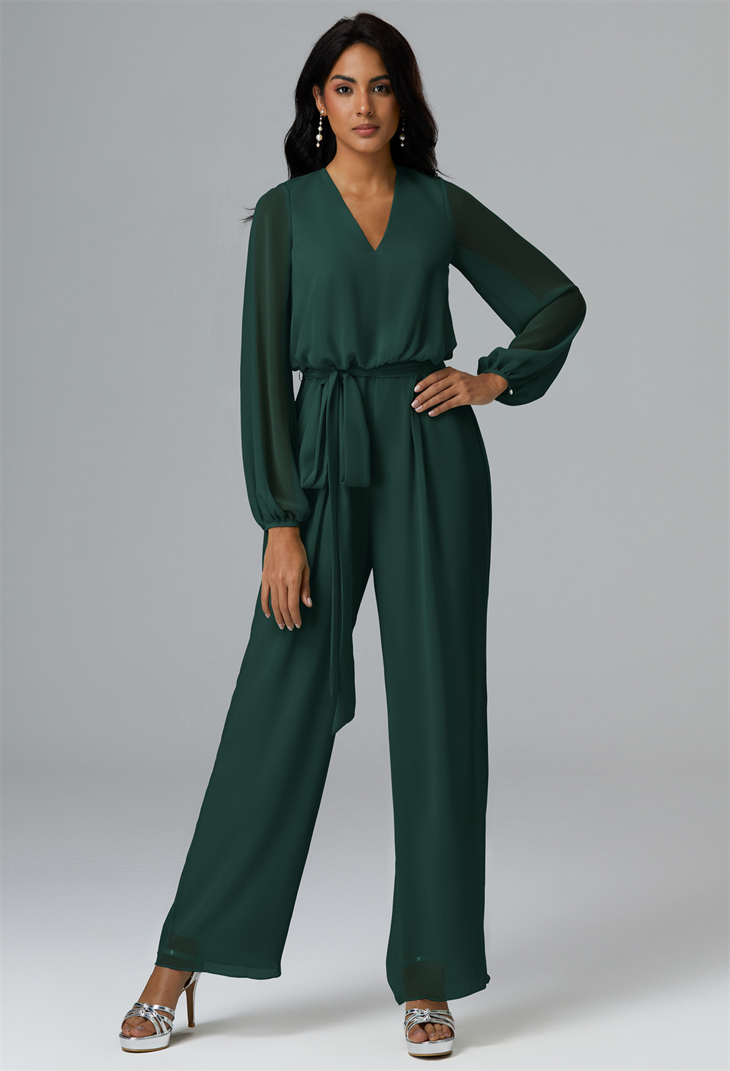 this chiffon jumpsuit features a flattering V-neck and a floor-length hemline for an extra touch of elegance.