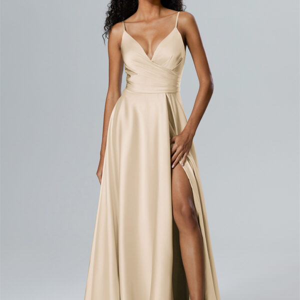 satin A-line bridesmaid dress with a plunging V-neck promises elegance that lasts from the first toast to the last dance.