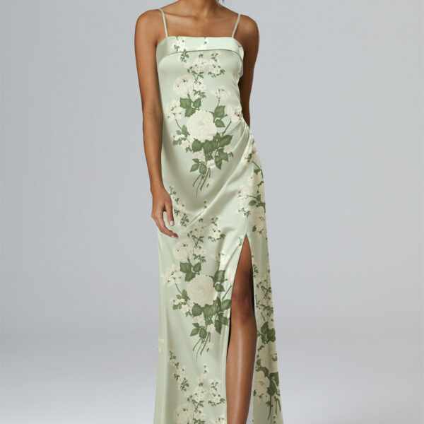 featuring a tasteful square neckline and a classic A-line cut