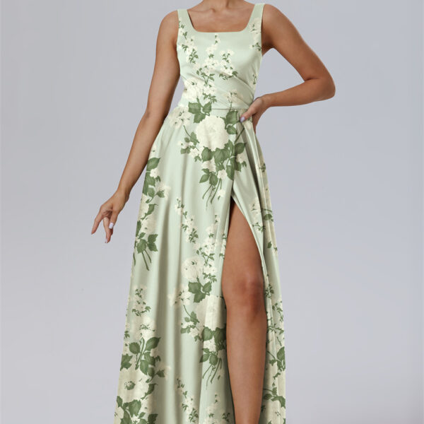 crafted in shimmering Satin Charmeuse. This floor-length A-line gown features a refined square neckline and a side slit. Having a bodice highlighted with a ruffle waistband