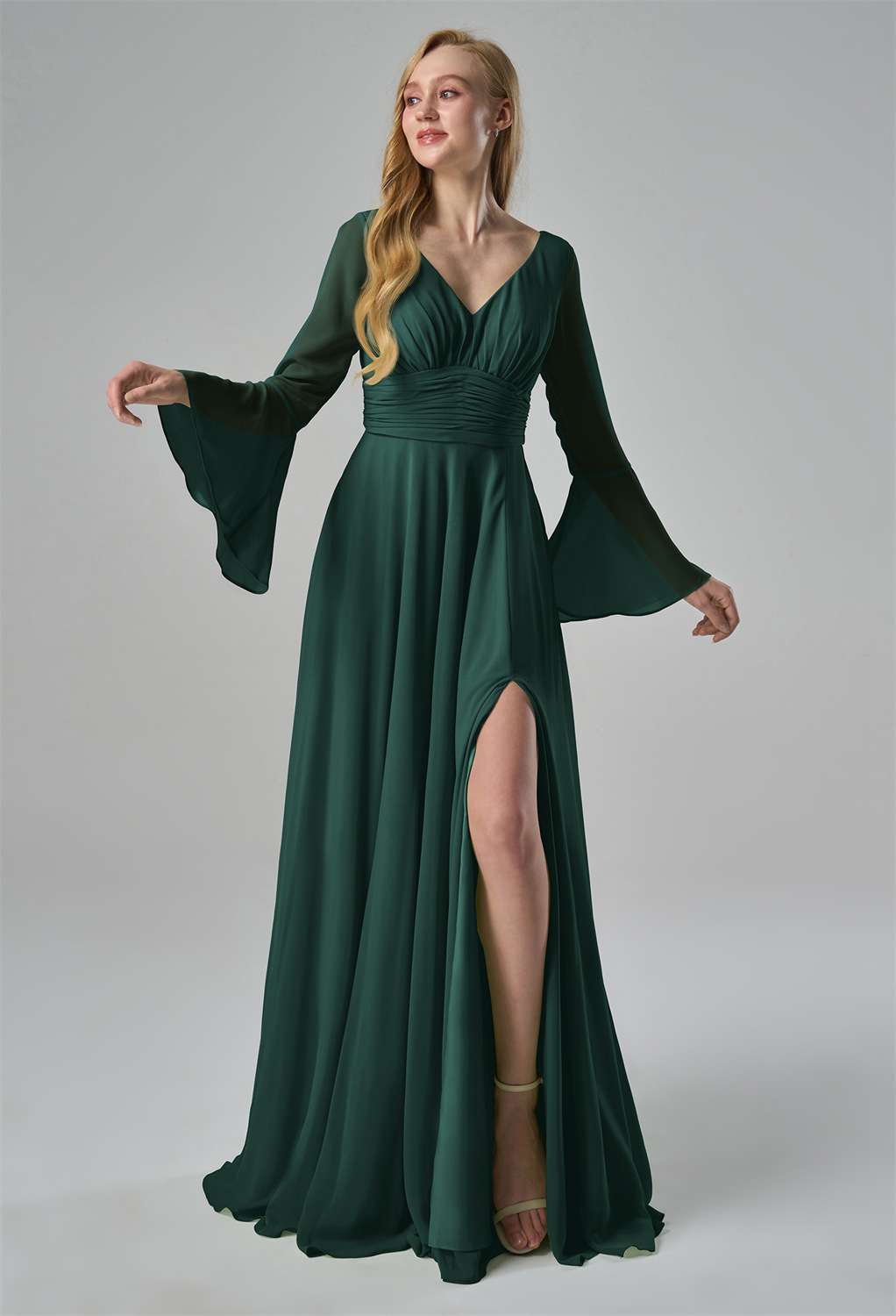 this dress radiates a bohemian charm. The ruched bodice enhances the waistline