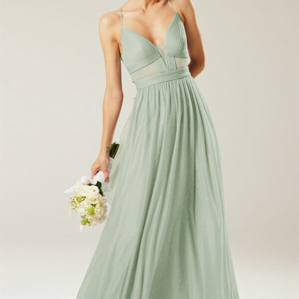 The AW Hydrograph Dress is a charming flowing floor-length gown excellent for the most enticing outdoor wedding. The sleeveless dress is made of high-quality glitter mesh with a hint of lace in key places ?you will adore. The A-line silhouette gown has a