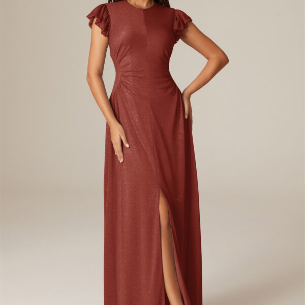 You wouldn't imagine how amazing you will be in this floor-length A-line bridesmaid dress with a jewel neckline. The glitter mesh fabric highlights its captivating beauty.
