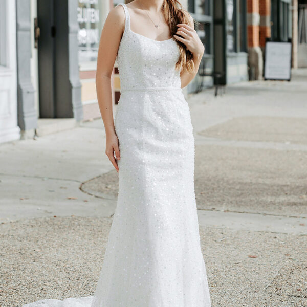 a floor-length hemline