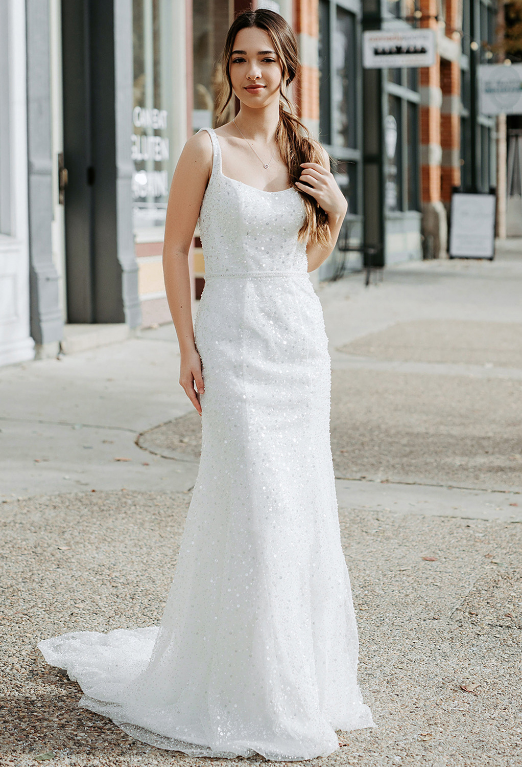 a floor-length hemline